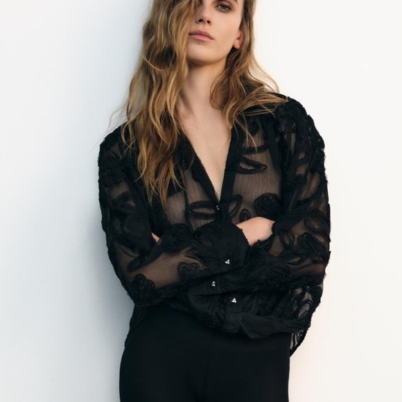 New ZARA Structured Semi-Sheer Floral Shirt - Picture 1 of 6